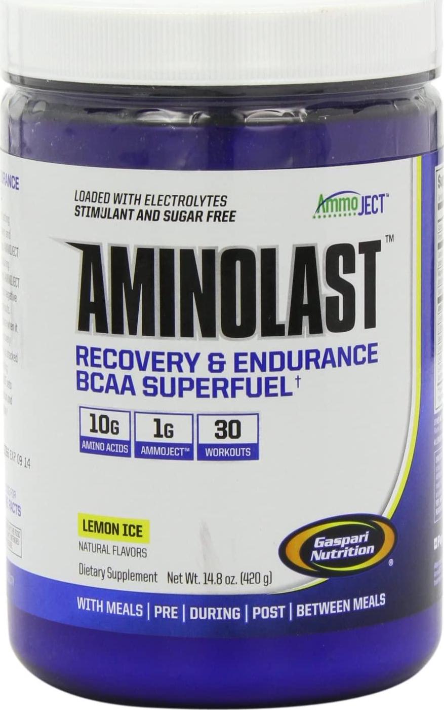 Gaspari Nutrition Aminolast, Recovery and Endurance BCAA Superfuel, 2:1:1 Amino Acid Ratio, Fueled with Electrolytes (30 Servings, Lemon Ice)