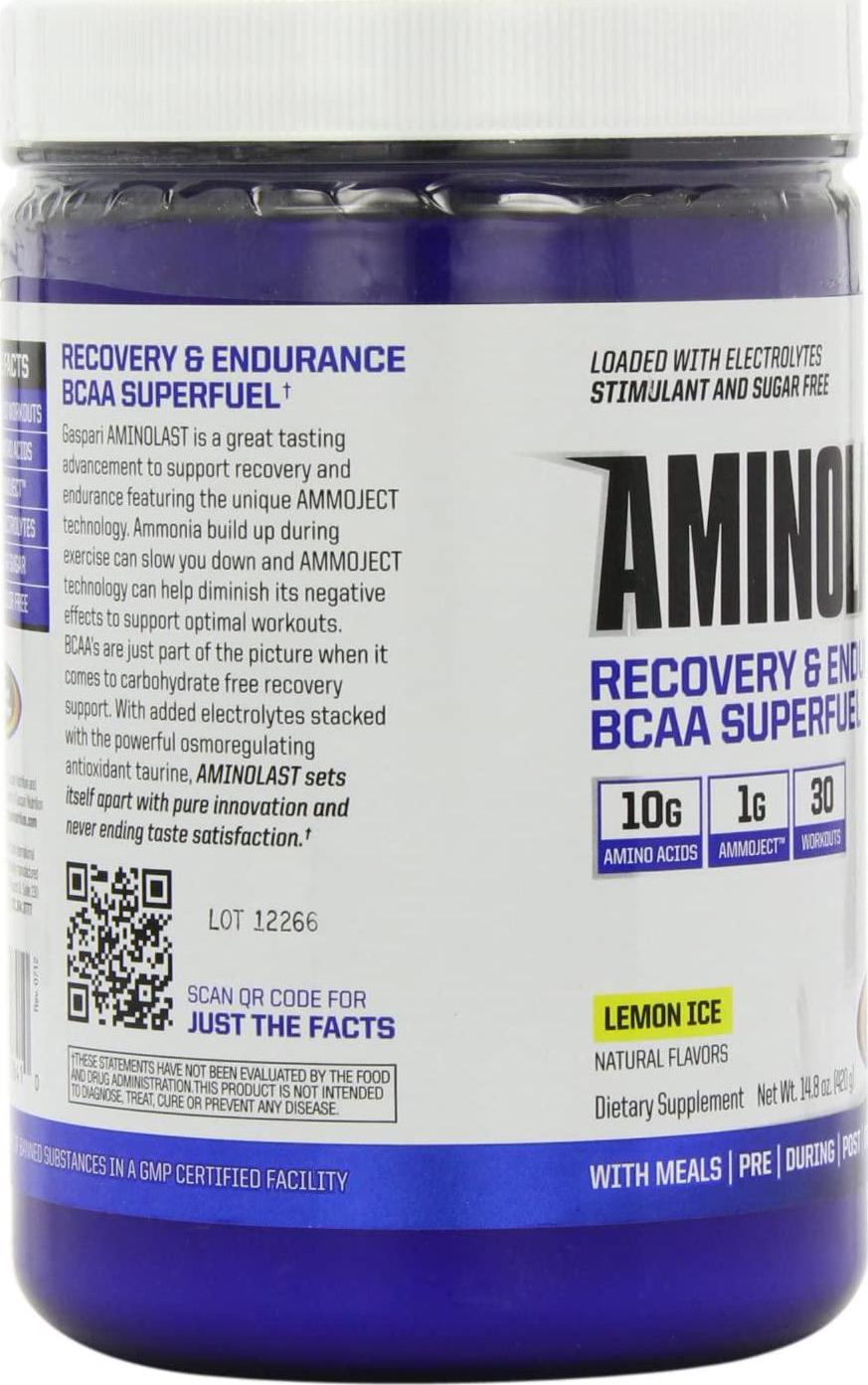 Gaspari Nutrition Aminolast, Recovery and Endurance BCAA Superfuel, 2:1:1 Amino Acid Ratio, Fueled with Electrolytes (30 Servings, Lemon Ice)