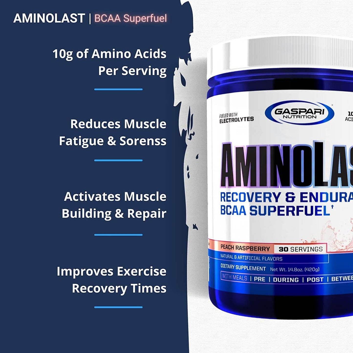 Gaspari Nutrition Amino Last, Muscle Recovery and Endurance Powder, BCAA, Peach Raspberry, 30 Serving