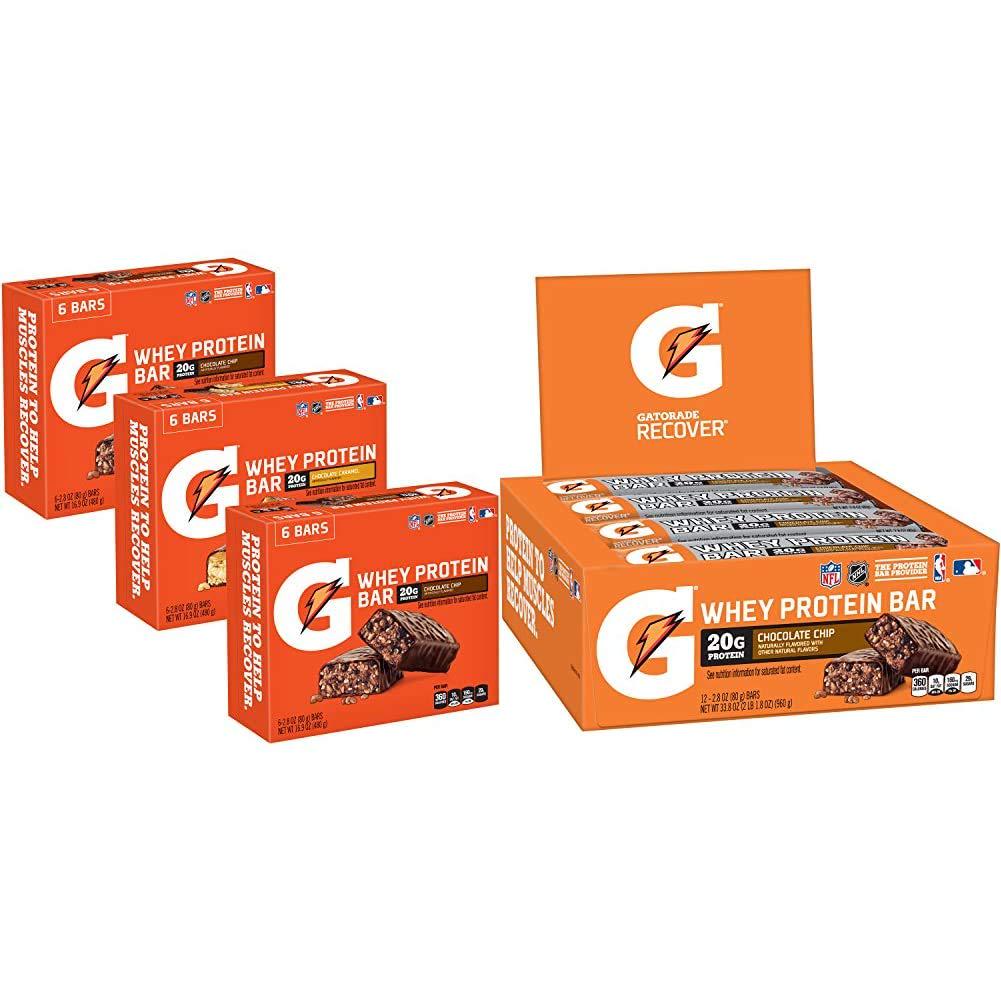 Gatorade Whey Protein Bars, Variety Pack, 2.8 oz bars (Pack of 18) and Whey Protein Recover Bars, Chocolate Chip, 2.8 ounce bars (12 Count)