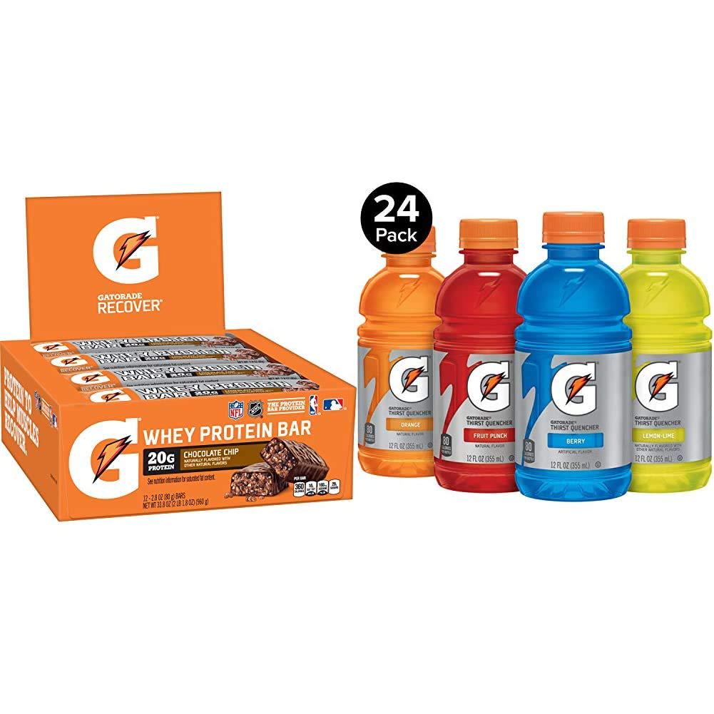 Gatorade Whey Protein Recover Bars, Chocolate Chip, 2.8 ounce bars (12 Count) and Classic Thirst Quencher, Variety Pack, 12 Ounce Bottles (Pack of 24)