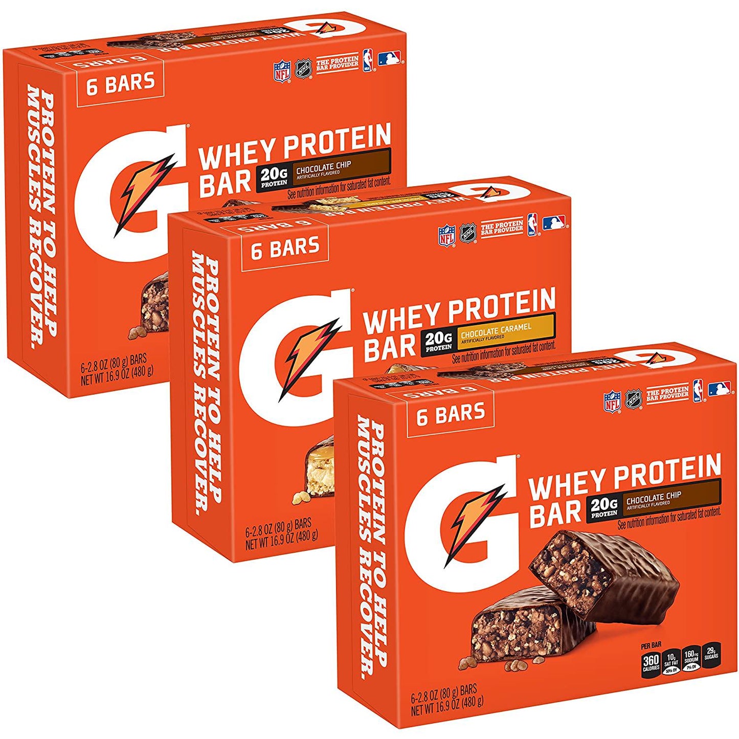 Gatorade Whey Protein Bars, Variety Pack, 2.8 oz bars (Pack of 18) and Whey Protein Recover Bars, Chocolate Chip, 2.8 ounce bars (12 Count)