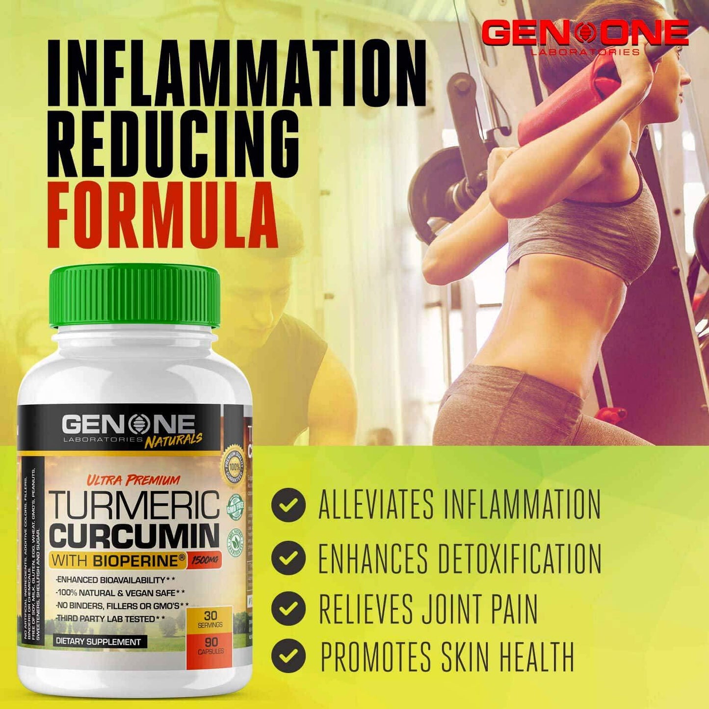 GenOne Turmeric Curcumin with Bioperine 1500mg for Joint Pain Relief and Inflammation Support - 30 Servings