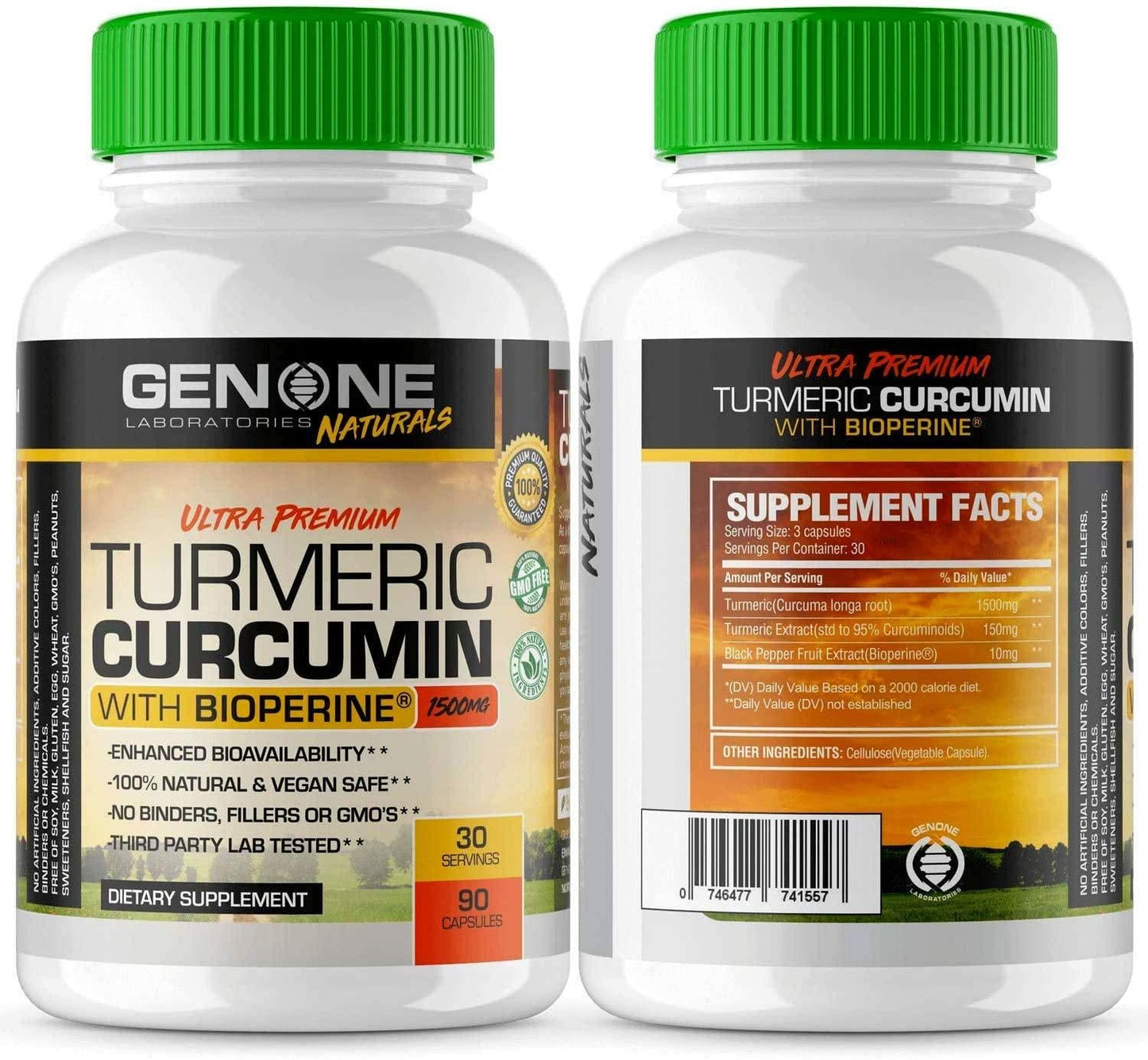 GenOne Turmeric Curcumin with Bioperine 1500mg for Joint Pain Relief and Inflammation Support - 30 Servings