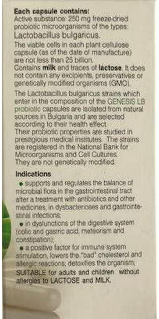 Genesis LB Probiotic with Lactobacillus Bulgaricus 30 Capsules of 240 mg