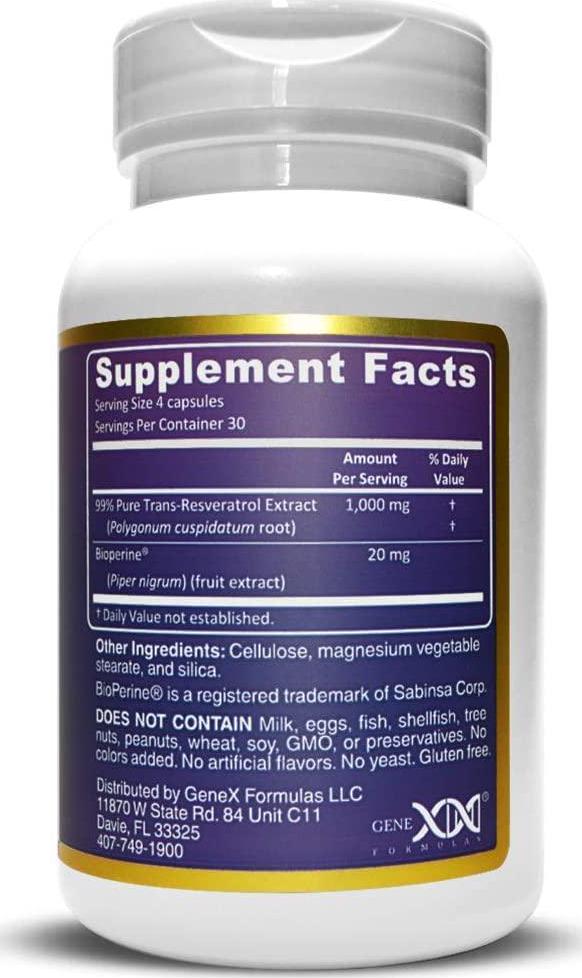 Genex 99% Trans Resveratrol Capsules 1000mg Serving Pure Micronized Pharmaceutical Grade Trans-Resveratrol Made in a GMP and NSF Certified Facility