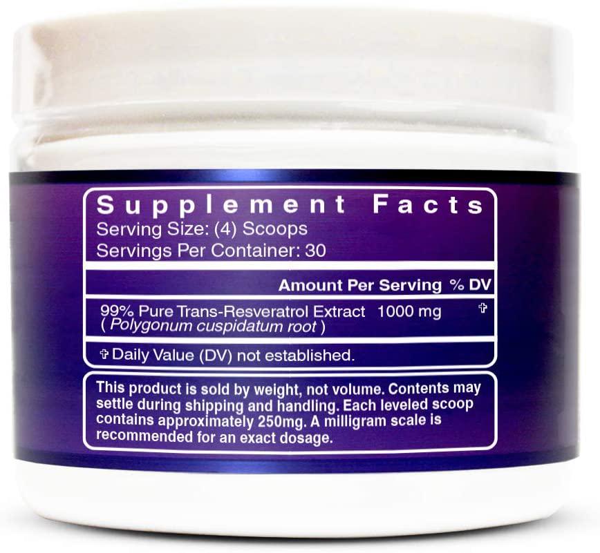 Genex Resveratrol Powder 1000mg Serving 99% Pure Micronized Pharmaceutical Grade Trans-Resveratrol Powder 1000mg 30Grams 1Gram Per Day 30-Day Supply Made in a GMP, FDA and NSF Certified Facility