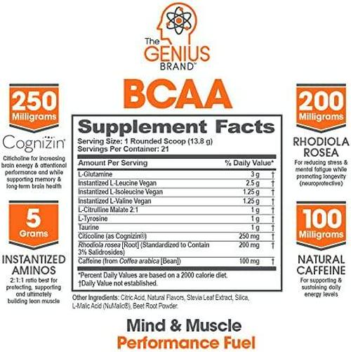 Genius BCAA Powder Nootropic Amino Acids and Muscle Recovery Drink | Natural Vegan Energy BCAAs for Women and Men (Pre, Intra and Post Workout) | Natural Brain Boost and Focus Supplement, Grape Limeade,290g