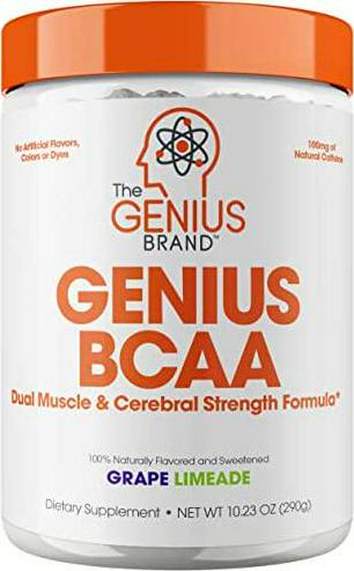 Genius BCAA Powder Nootropic Amino Acids and Muscle Recovery Drink | Natural Vegan Energy BCAAs for Women and Men (Pre, Intra and Post Workout) | Natural Brain Boost and Focus Supplement, Grape Limeade,290g