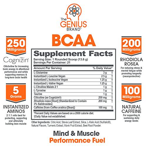 Genius Bcaa Powder with Focus and Energy Multiuse Natural Vegan Preworkout Bcaas for Mental Clarity and Faster Muscle Recovery, Orange, 21sv, 286g