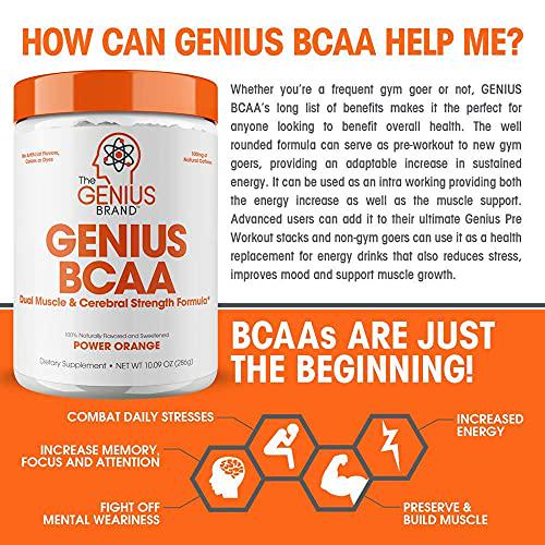 Genius Bcaa Powder with Focus and Energy Multiuse Natural Vegan Preworkout Bcaas for Mental Clarity and Faster Muscle Recovery, Orange, 21sv, 286g