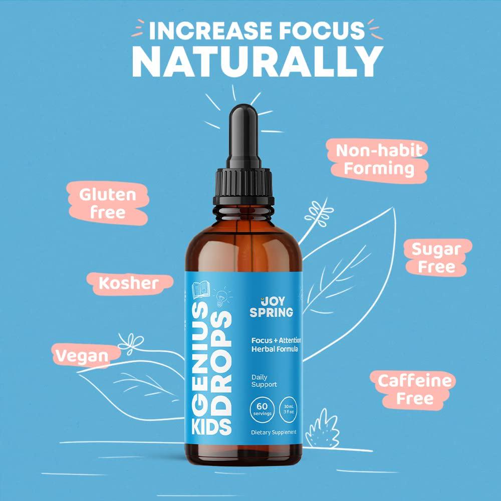 Genius Drops Focus Supplement for Kids, Supports Healthy Brain Function to Improve Concentration and Attention for School, Natural Calming Supplement, 2 oz