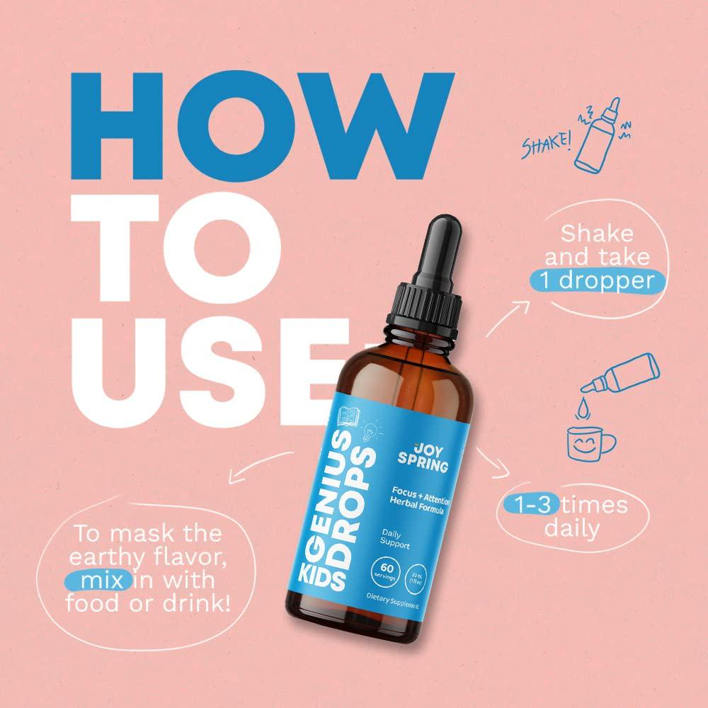 Genius Drops Focus Supplement for Kids, Supports Healthy Brain Function to Improve Concentration and Attention for School, Natural Calming Supplement, 2 oz