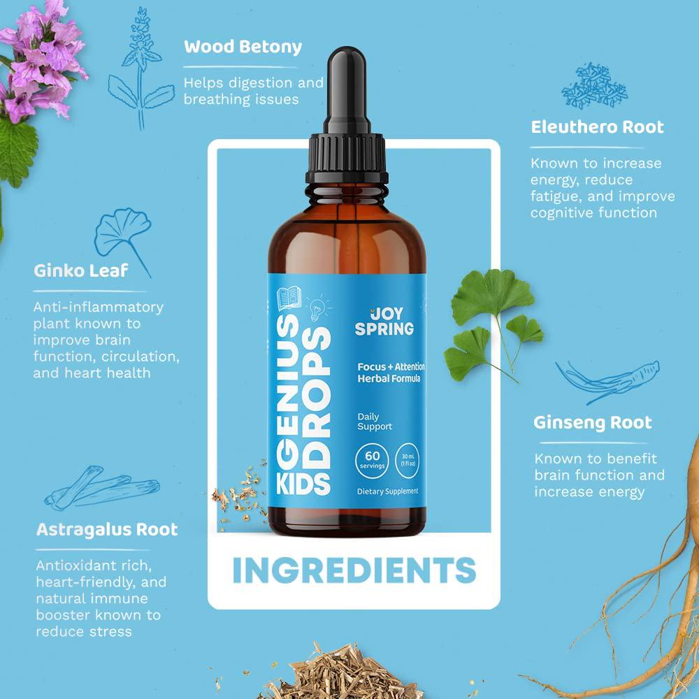 Genius Drops Focus Supplement for Kids, Supports Healthy Brain Function to Improve Concentration and Attention for School, Natural Calming Supplement, 2 oz