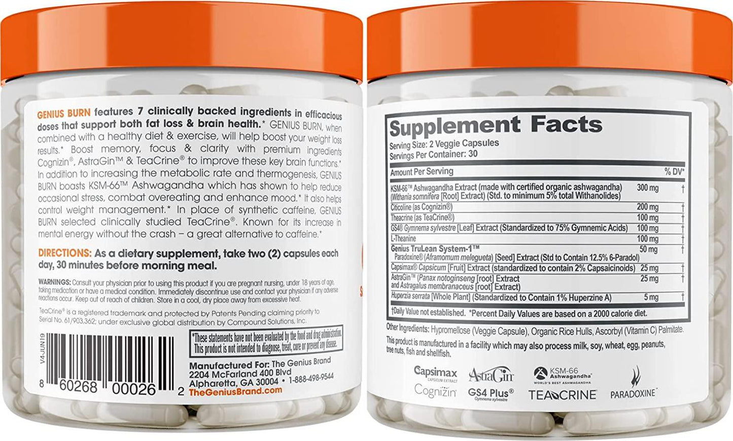 Genius Fat Burner - Thermogenic Weight Loss and Nootropic Focus Supplement - Natural Metabolism and Energy Booster for Men and Women | Thyroid Support and Appetite Suppressant w/ Gymnema Sylvestre, 60 Pills