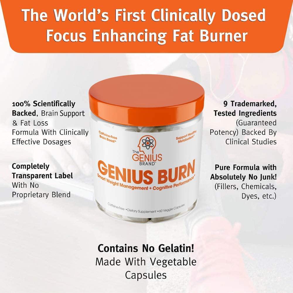 Genius Fat Burner - Thermogenic Weight Loss and Nootropic Focus Supplement - Natural Metabolism and Energy Booster for Men and Women | Thyroid Support and Appetite Suppressant w/ Gymnema Sylvestre, 60 Pills