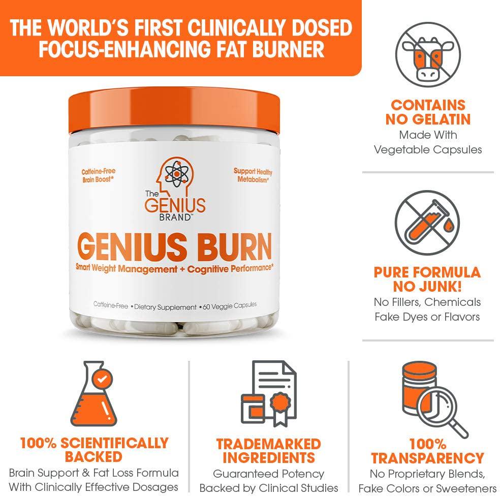 Genius Fat Burner - Thermogenic Weight Loss and Nootropic Focus Supplement - Natural Metabolism and Energy Booster for Men and Women | Thyroid Support and Appetite Suppressant w/ Gymnema Sylvestre, 60 Pills