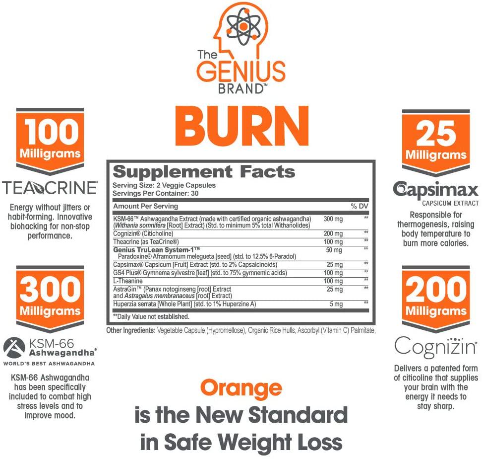 Genius Fat Burner - Thermogenic Weight Loss and Nootropic Focus Supplement - Natural Metabolism and Energy Booster for Men and Women | Thyroid Support and Appetite Suppressant w/ Gymnema Sylvestre, 60 Pills