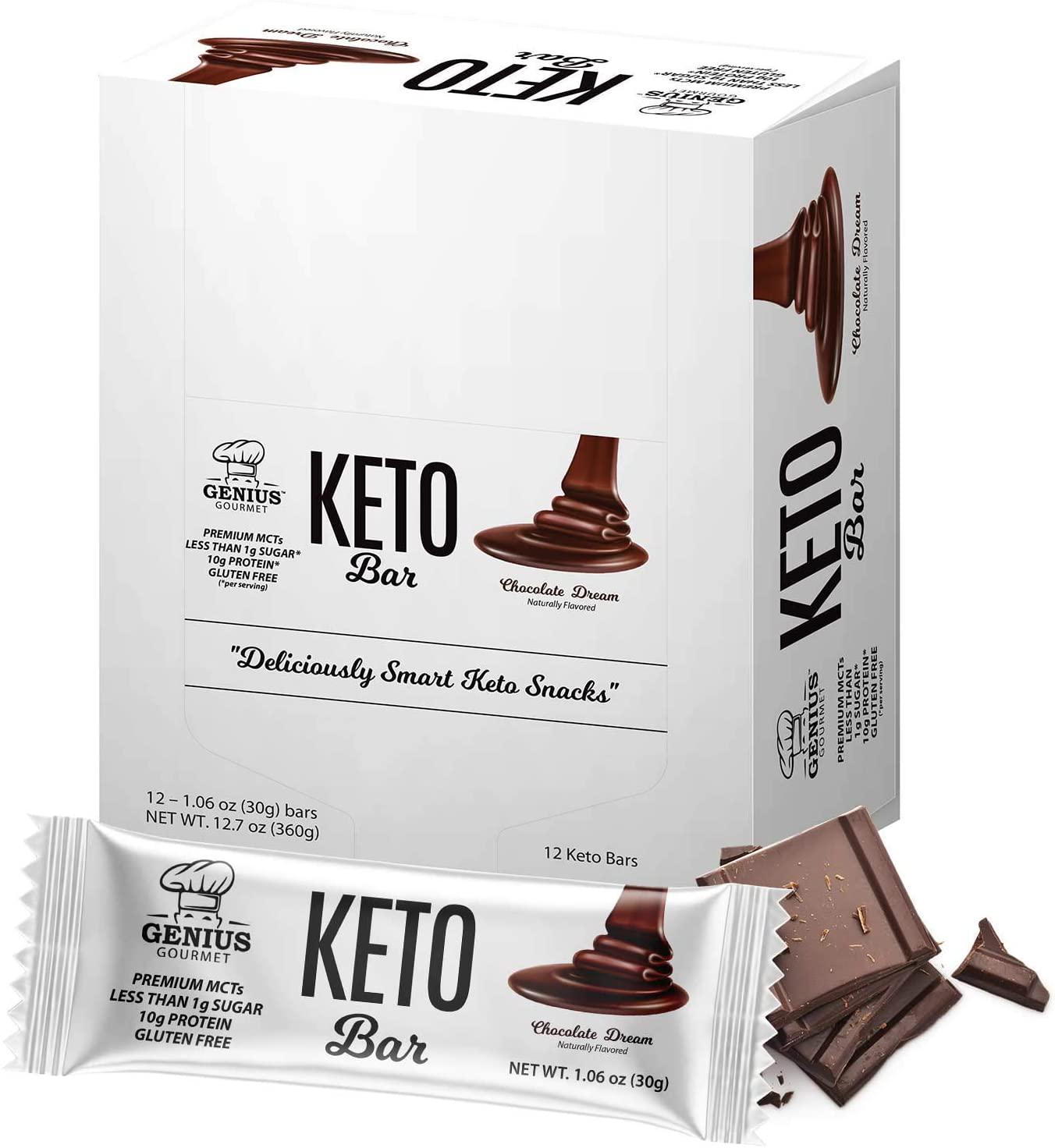 Genius Gourmet Gluten Free Keto Protein Bars - Keto Friendly Low Carb Low Sugar Snack - Natural Ketogenic Chocolate Dream - 12 Count