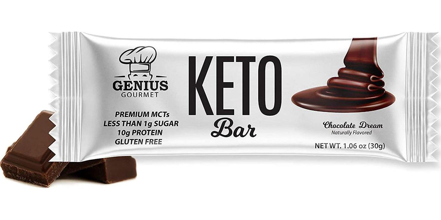Genius Gourmet Gluten Free Keto Protein Bars - Keto Friendly Low Carb Low Sugar Snack - Natural Ketogenic Chocolate Dream - 12 Count