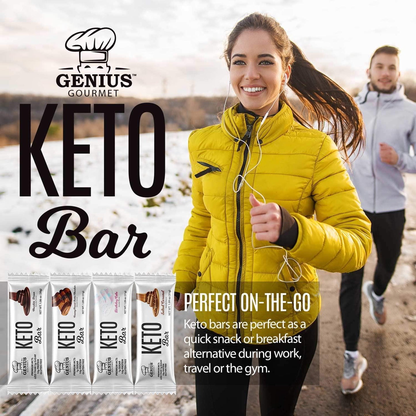 Genius Gourmet Gluten Free Keto Protein Bars - Keto Friendly Low Carb Low Sugar Snack - Natural Ketogenic Chocolate Dream - 12 Count