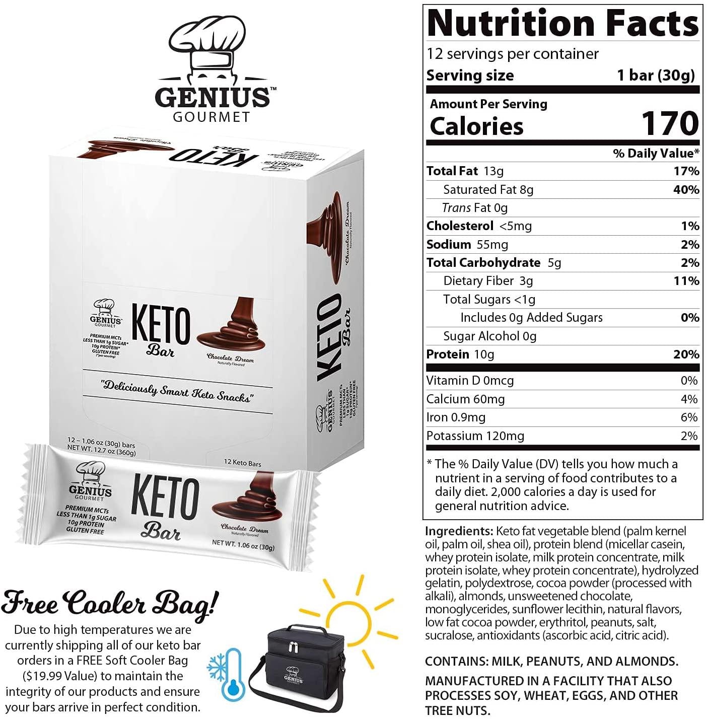 Genius Gourmet Gluten Free Keto Protein Bars - Keto Friendly Low Carb Low Sugar Snack - Natural Ketogenic Chocolate Dream - 12 Count