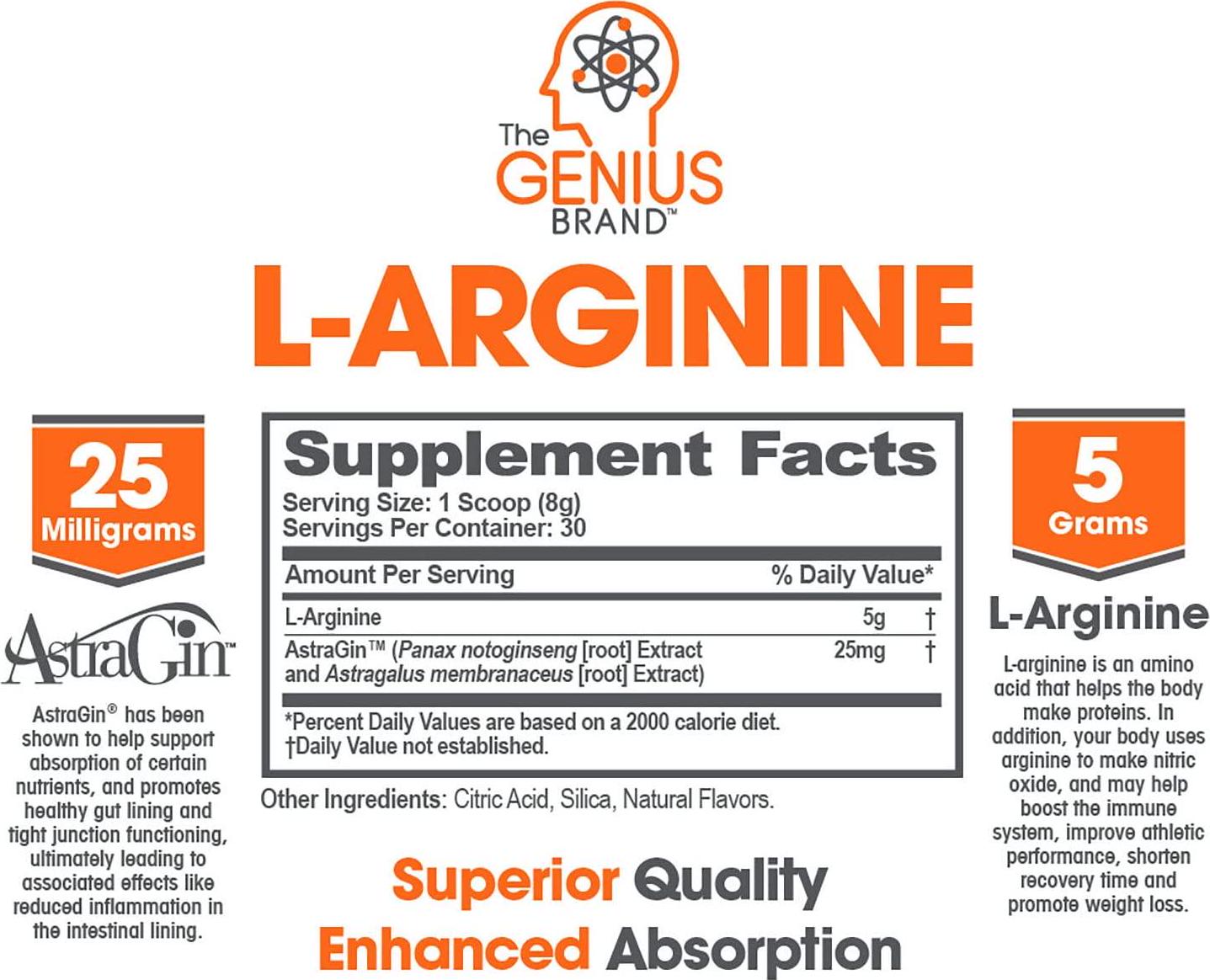 Genius L Arginine Powder - Fermented L-Arginine Nitric Oxide Supplement, Natural Muscle Builder and NO Booster for Healthy Blood Pressure, Protein Synthesis and Strength Building, Lemon, 30 Sv