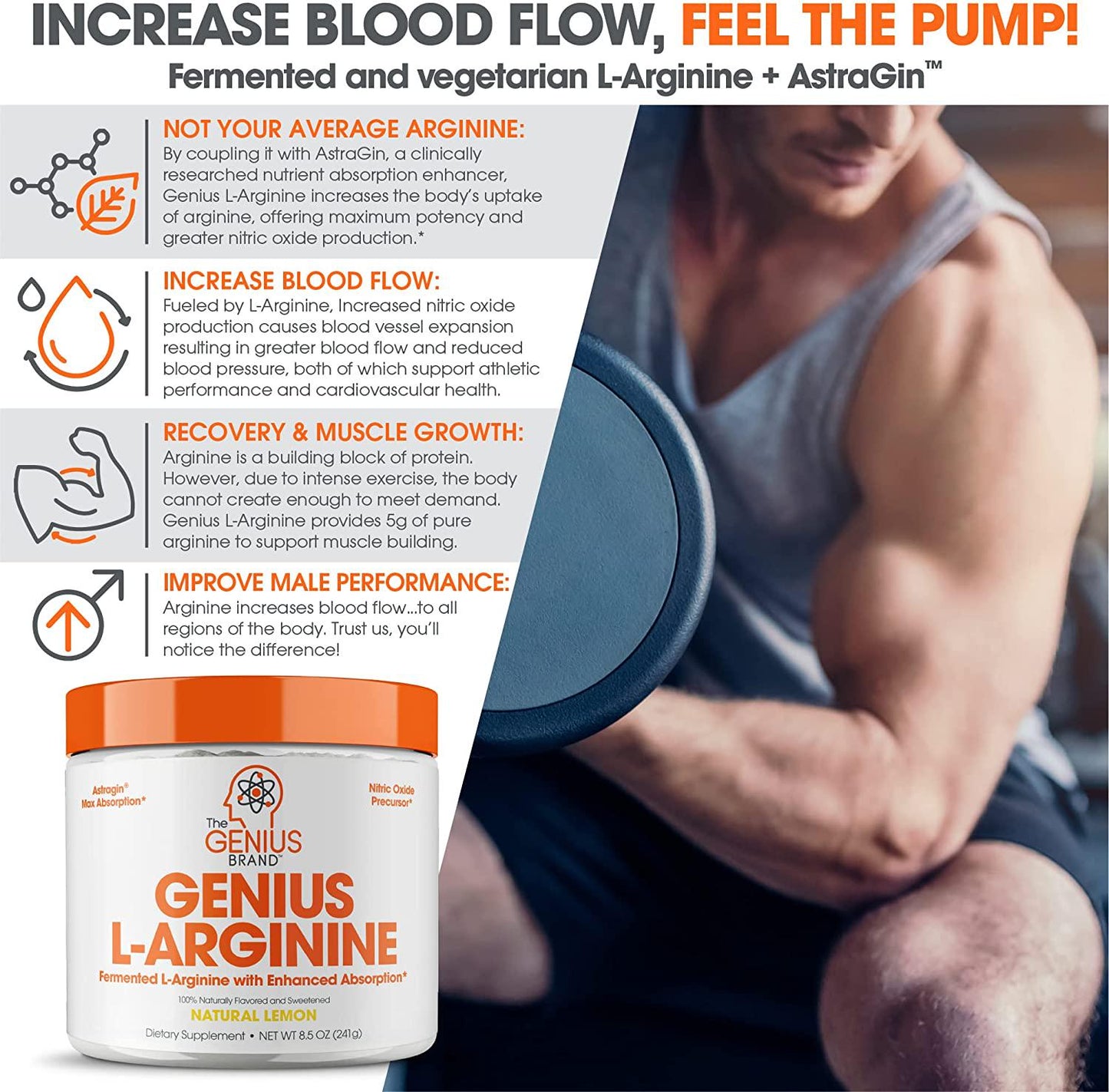 Genius L Arginine Powder - Fermented L-Arginine Nitric Oxide Supplement, Natural Muscle Builder and NO Booster for Healthy Blood Pressure, Protein Synthesis and Strength Building, Lemon, 30 Sv