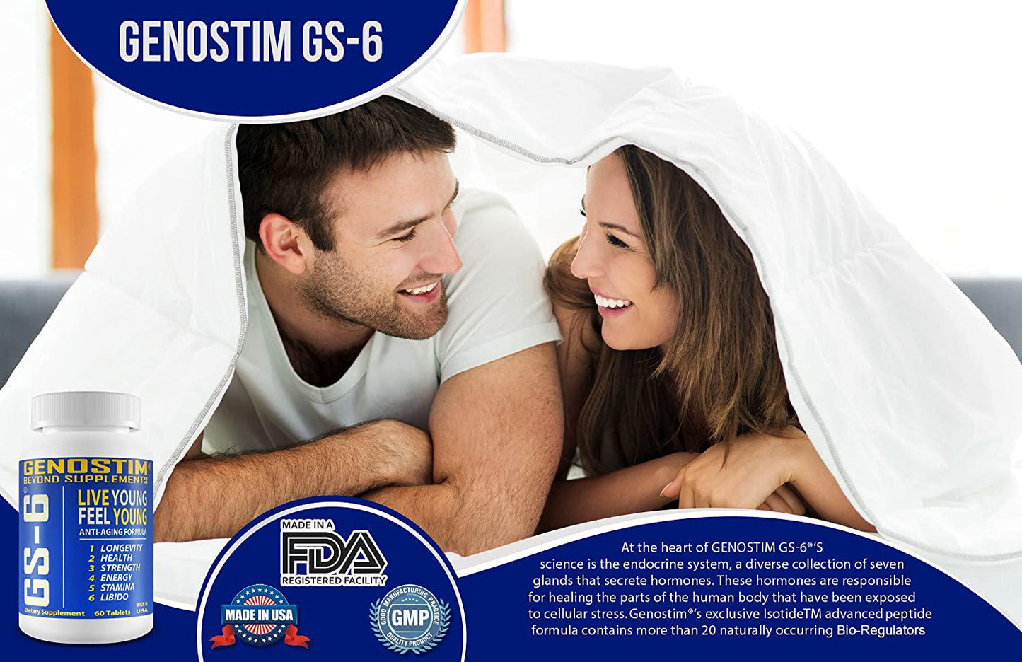 Genostim GS-6 Anti-Aging Protein Peptide Supplement, 100mg of Protein Peptides Stimulates Hormonal Balance for Accelerated Healing for Athletes and Cellular Rejuvenation for Men and Women, 60 Tablets