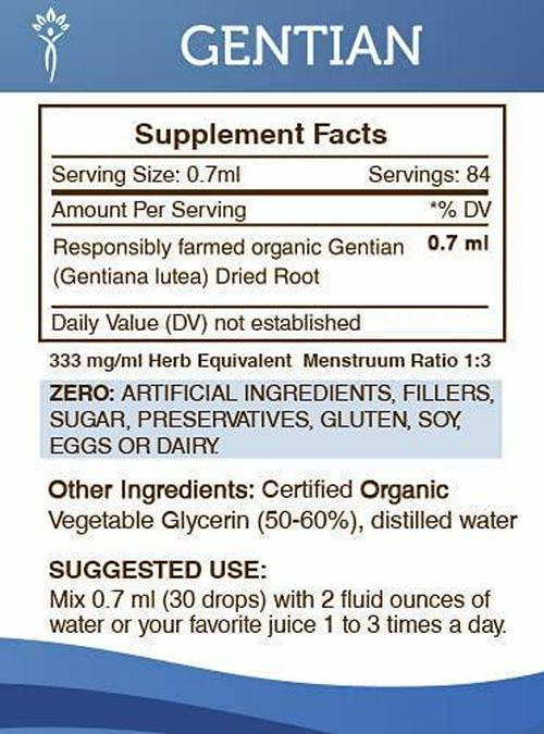 Gentian Tincture Alcohol-Free Liquid Extract, Organic Gentian (Gentiana Lutea) Dried Root (2 FL OZ)