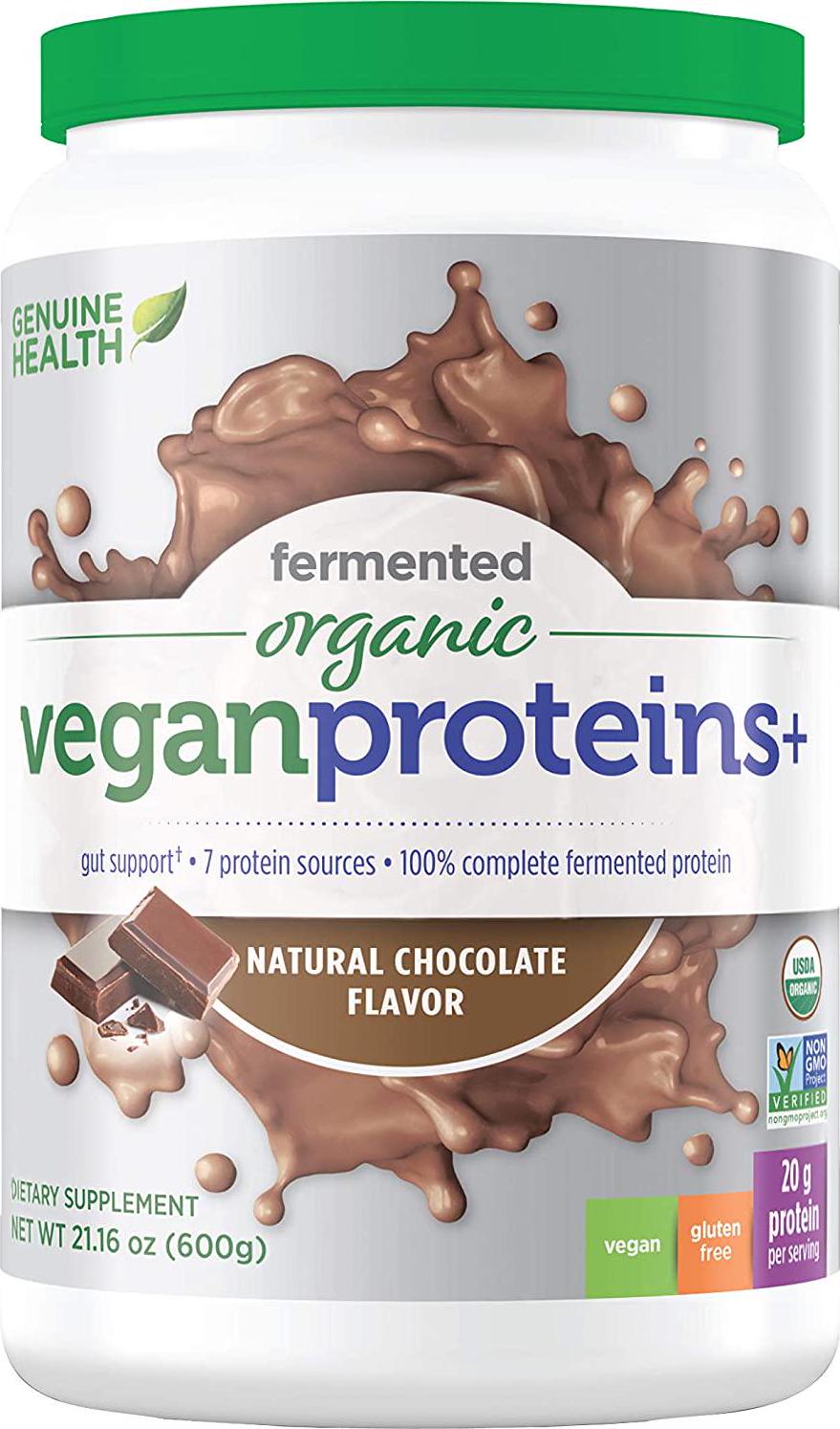 Genuine Health Fermented Organic Vegan Proteins+, Natural Chocolate Protein Powder, 20g Protein, 21.16 oz tub, 20 Servings