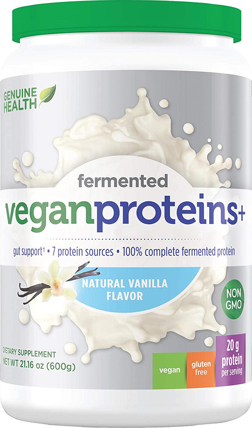 Genuine Health Fermented Organic Vegan Proteins+, Natural Vanilla Protein Powder, 20g Protein, 21.16 oz tub, 20 Servings