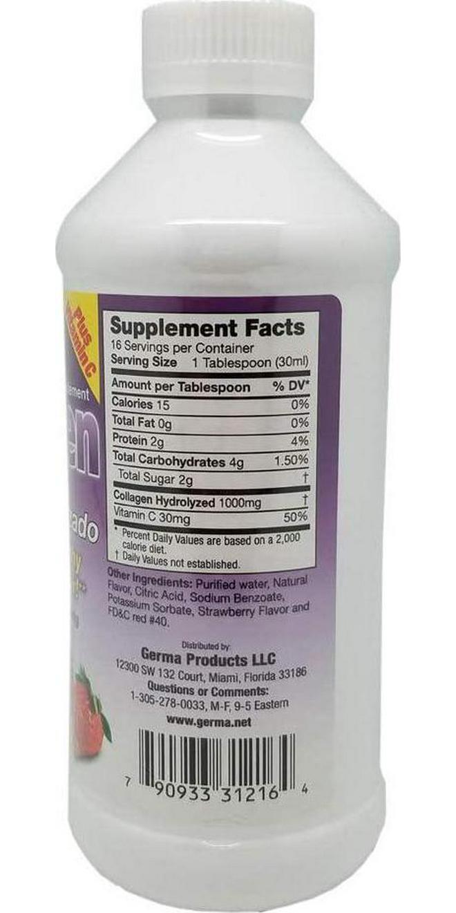 Germa Liquid Collagen Dietary Supplement. Anti-Aging, Helps Skin Stay Supple. Improves Hair and Nail Growth. With Vitamin C. Strawberry Flavour. 16 Oz.