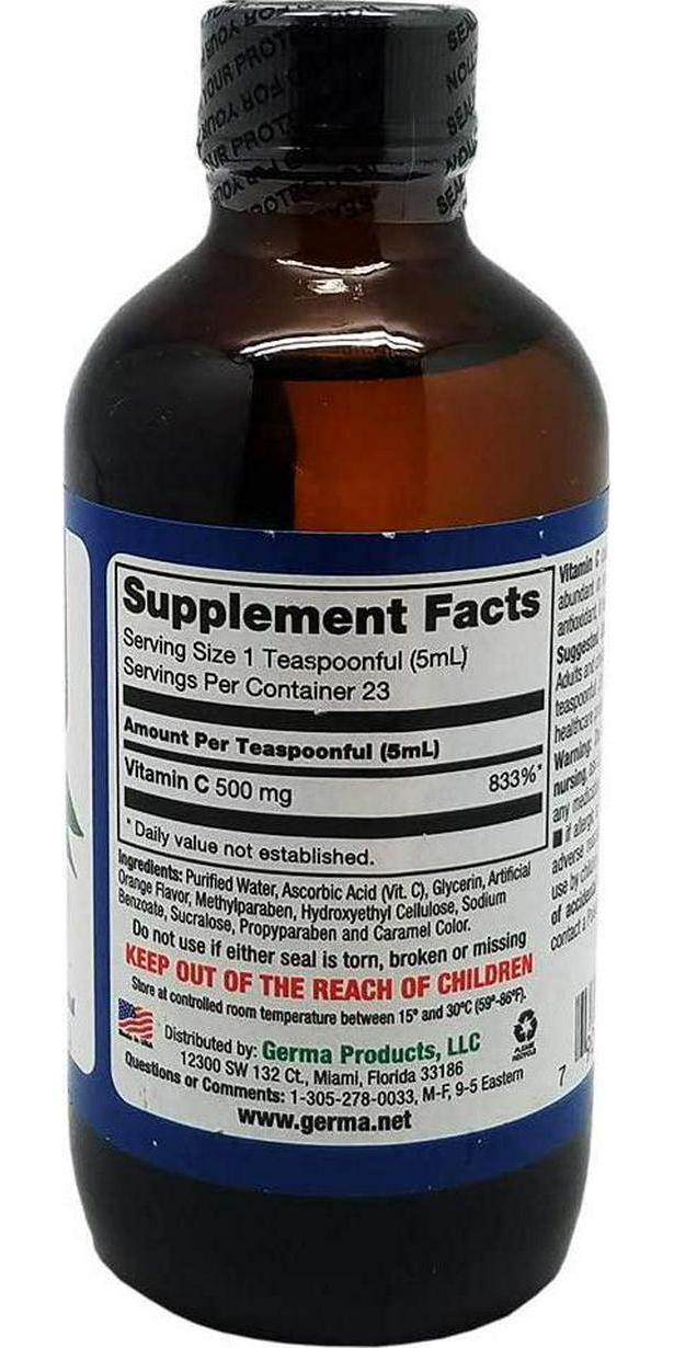 Germa Sugar-Free Liquid Vitamin C. 500 mg. Fast Absorbing Dietary Supplement. Immune System Booster. 4 Oz / 118ml