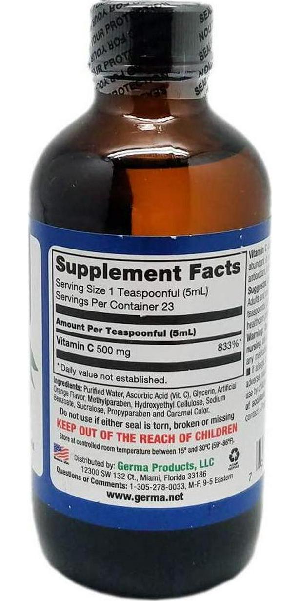 Germa Sugar-Free Liquid Vitamin C. 500 mg. Fast Absorbing Dietary Supplement. Immune System Booster. 4 Oz / 118ml. Pack of 3
