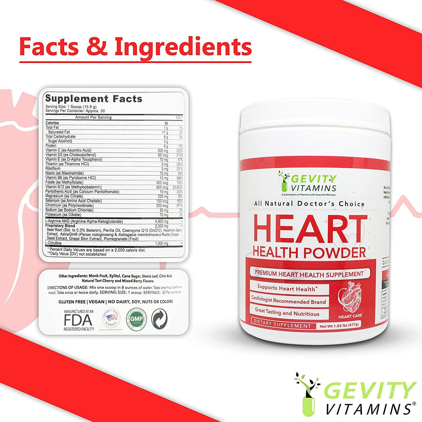 Gevity Vitamins Heart Health Powder, L-Arginine L-Citrulline Complex with 1000mg Coenzyme Q10 (CoQ10), Enhance Nitric Oxide, Cardiovascular Support Supplement, 30 Servings