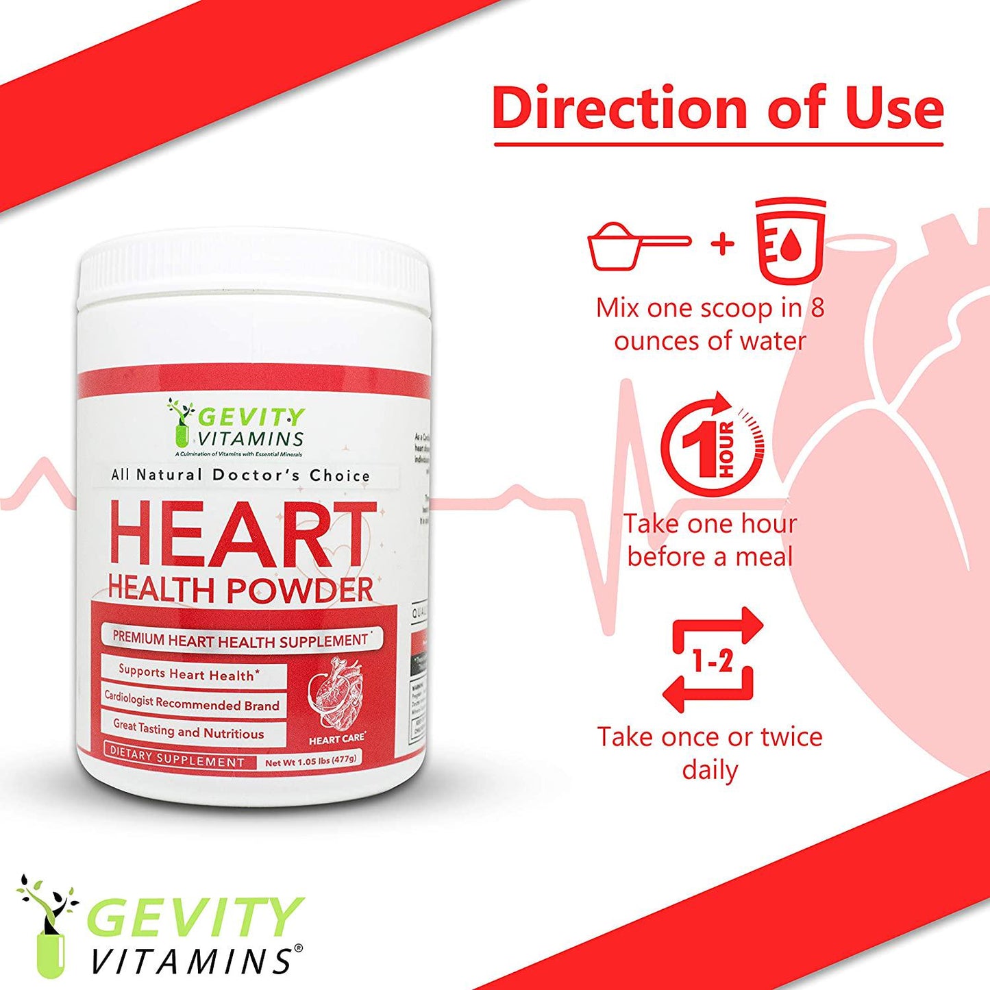 Gevity Vitamins Heart Health Powder, L-Arginine L-Citrulline Complex with 1000mg Coenzyme Q10 (CoQ10), Enhance Nitric Oxide, Cardiovascular Support Supplement, 30 Servings