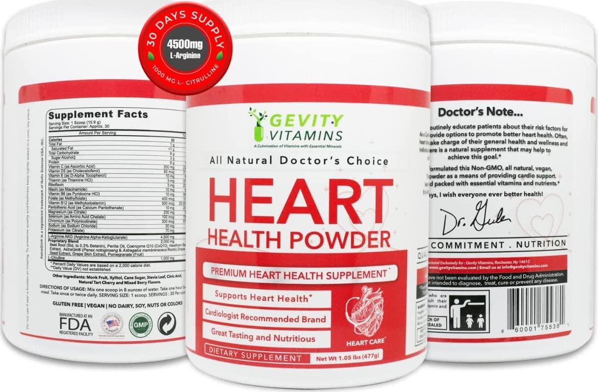 Gevity Vitamins Heart Health Powder, L-Arginine L-Citrulline Complex with 1000mg Coenzyme Q10 (CoQ10), Enhance Nitric Oxide, Cardiovascular Support Supplement, 30 Servings