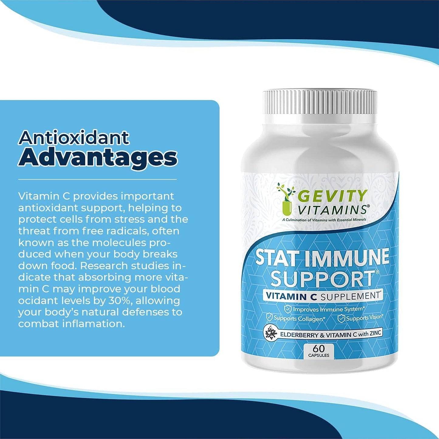 Gevity Vitamins Stat Immune Support - 60 Capsules - Vitamin C and Elderberry with Zinc Echinacea Supplement - Support Vision for Healthier Lifestyle - Gluten-Free Supplement