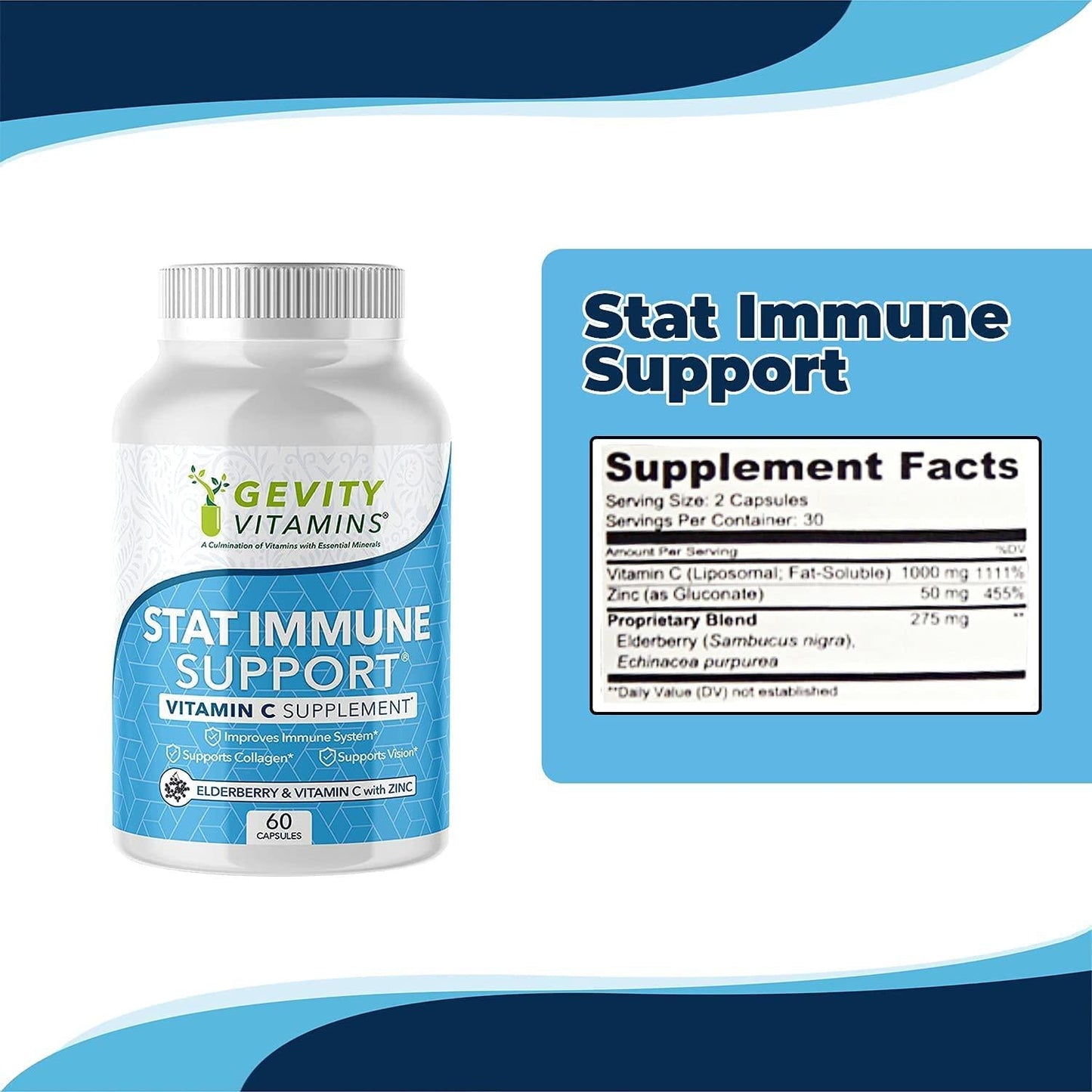 Gevity Vitamins Stat Immune Support - 60 Capsules - Vitamin C and Elderberry with Zinc Echinacea Supplement - Support Vision for Healthier Lifestyle - Gluten-Free Supplement