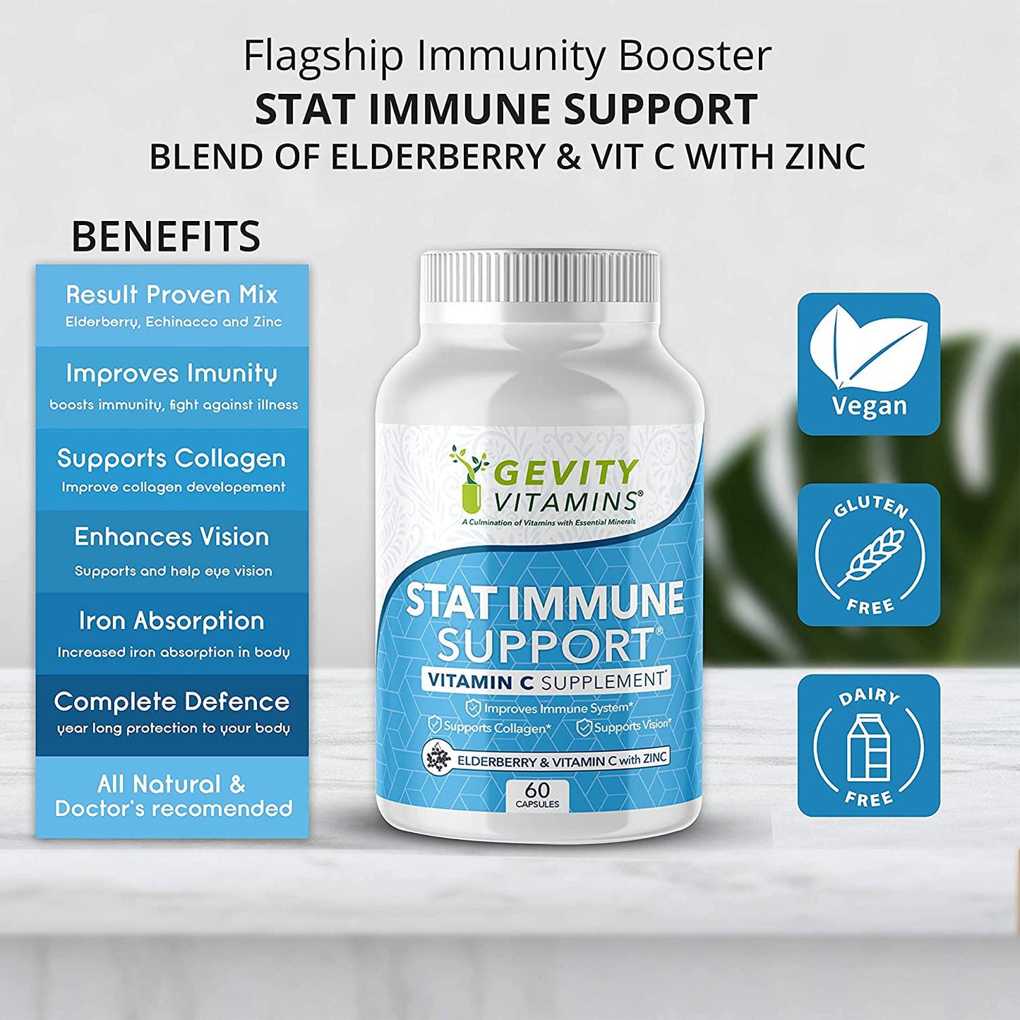 Gevity Vitamins Stat Immune Support - 60 Capsules - Vitamin C and Elderberry with Zinc Echinacea Supplement - Support Vision for Healthier Lifestyle - Gluten-Free Supplement