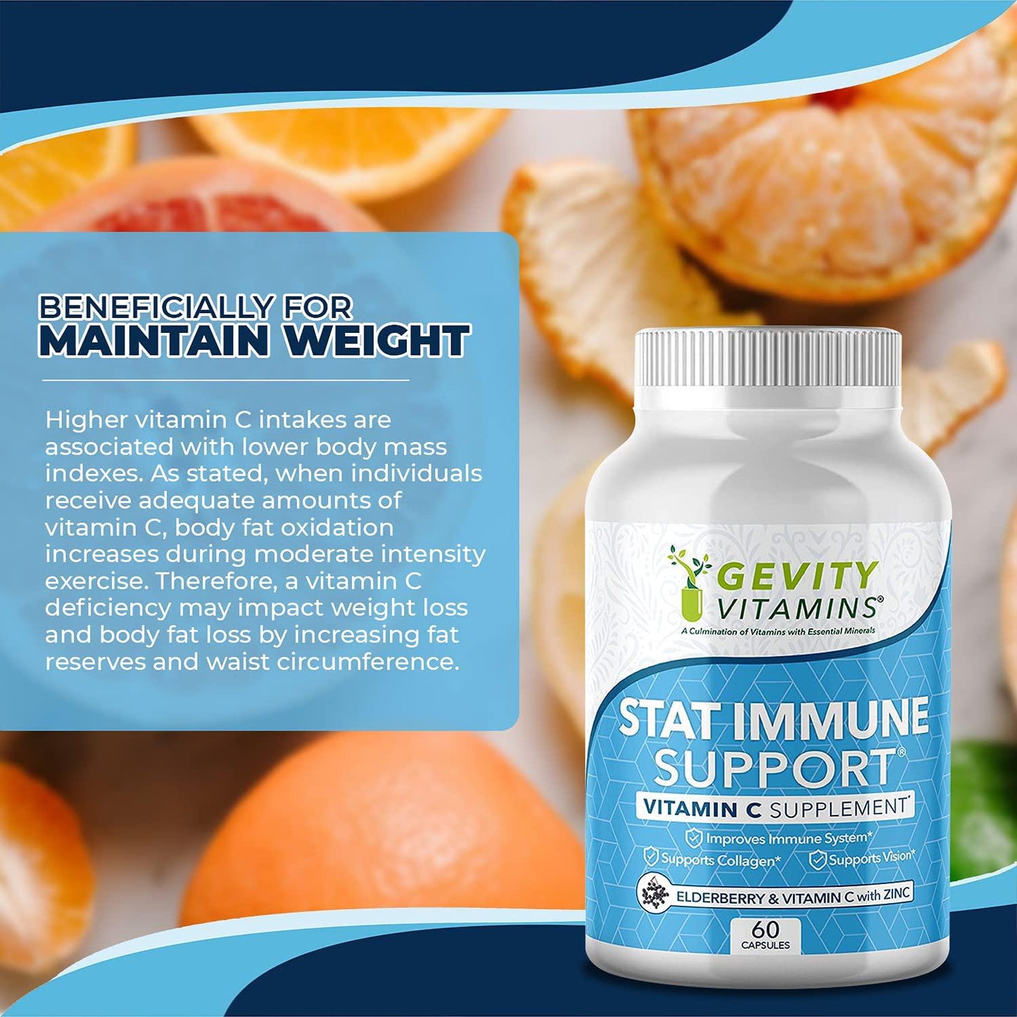 Gevity Vitamins Stat Immune Support - 60 Capsules - Vitamin C and Elderberry with Zinc Echinacea Supplement - Support Vision for Healthier Lifestyle - Gluten-Free Supplement
