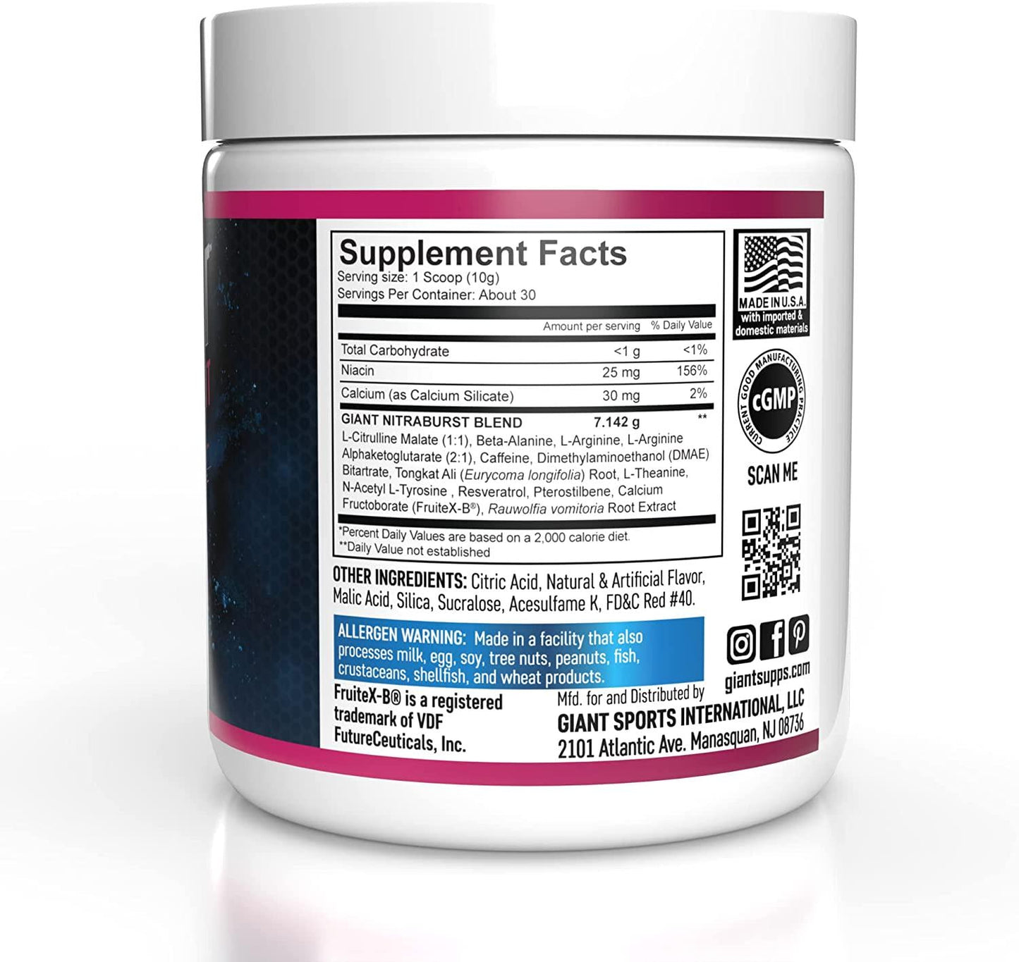 Giant Sports Nitraburst Pre Workout Powder, Increase Blood Flow, Boosts Strength and Energy, Improve Exercise Performance, Creatine Free (Fruit Punch, 30 Servings)