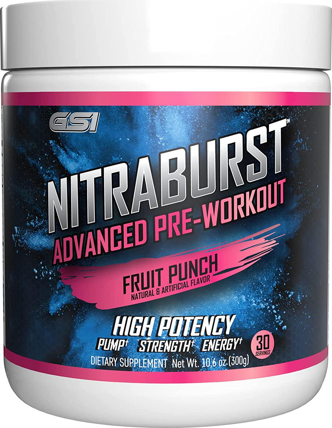 Giant Sports Nitraburst Pre Workout Powder, Increase Blood Flow, Boosts Strength and Energy, Improve Exercise Performance, Creatine Free (Fruit Punch, 30 Servings)
