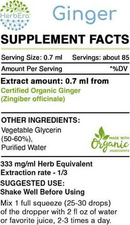 Ginger B60 Alcohol-Free Herbal Extract Tincture, Super-Concentrated Organic Ginger (Zingiber officinale) 2 fl oz