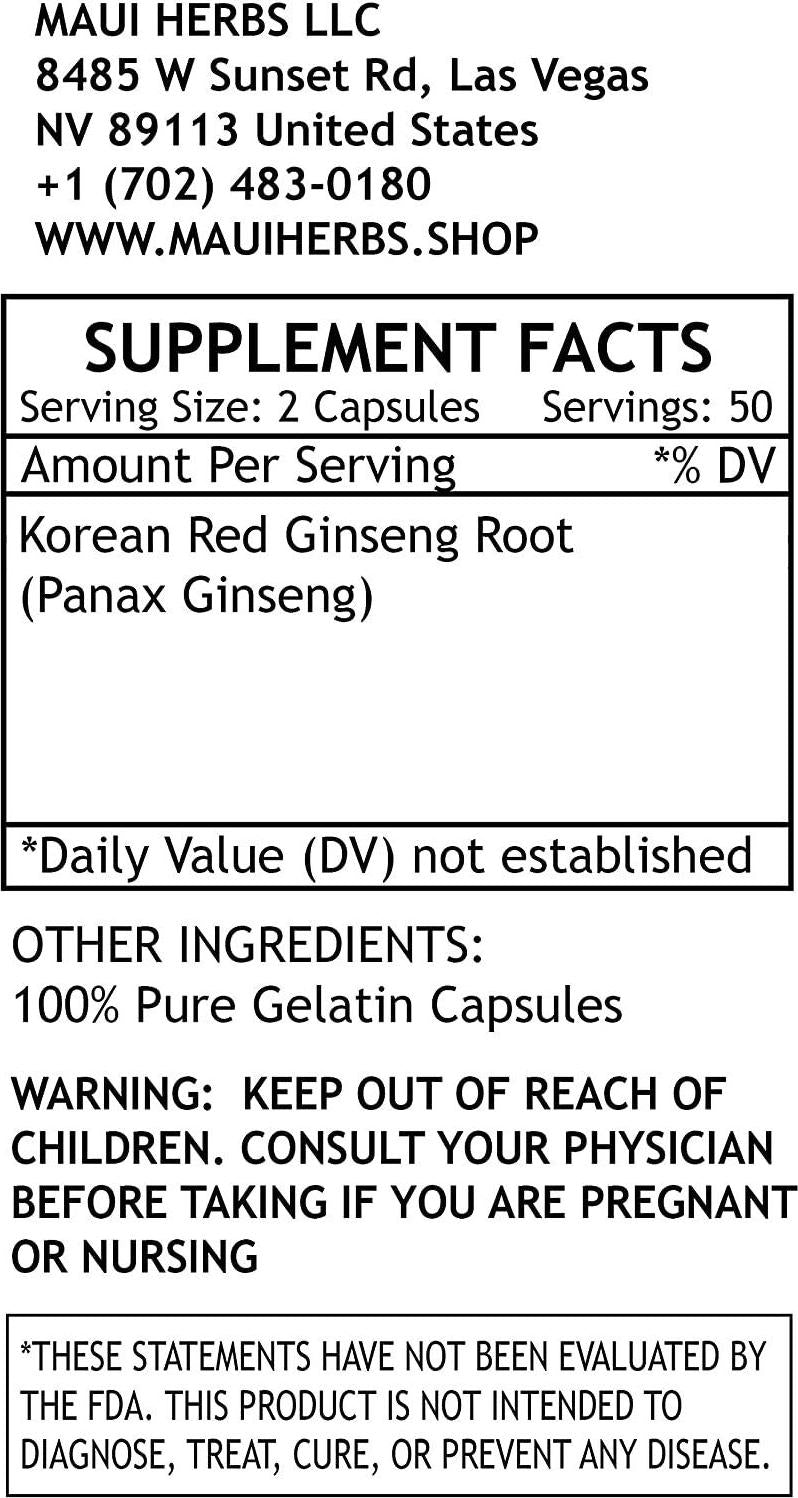 Ginseng 100 Capsules, 1300 mg per Serving, Korean Red Ginseng Root (Panax Ginseng)