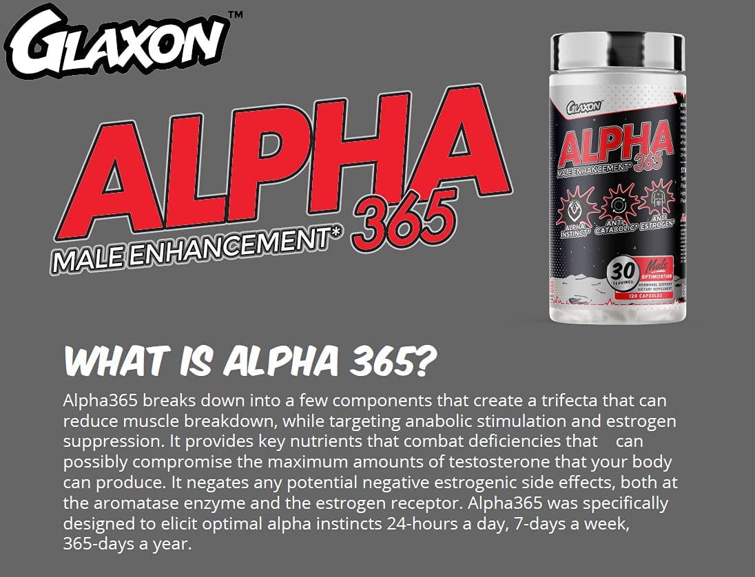 Glaxon Alpha 365 Testosterone Booster, Muscle Building, Nootropic, Vitamin D3, Zinc, Saponins, Antioxidant, Boost Nitric Oxide, Weight Loss Support, 180 Capsules