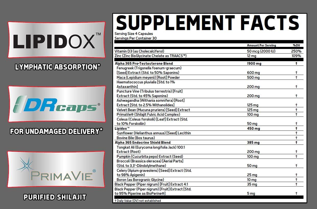 Glaxon Alpha 365 Testosterone Booster, Muscle Building, Nootropic, Vitamin D3, Zinc, Saponins, Antioxidant, Boost Nitric Oxide, Weight Loss Support, 180 Capsules