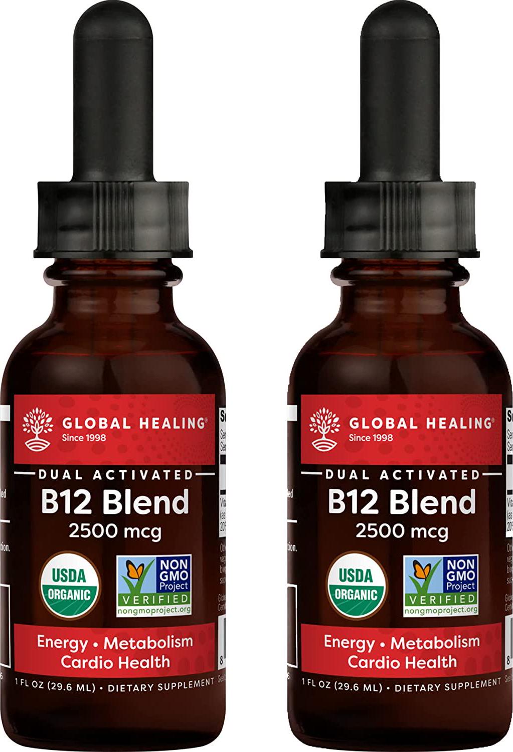 Global Healing B12 Blend, 2500 mcg Organic Sublingual Liquid Vitamin Supplement | 2-in-1 Methylcobalamin and Adenosylcobalamin Blend for Energy, Mood and Heart Health - 60-Day Supply,1 Fl Oz (2-Pack)
