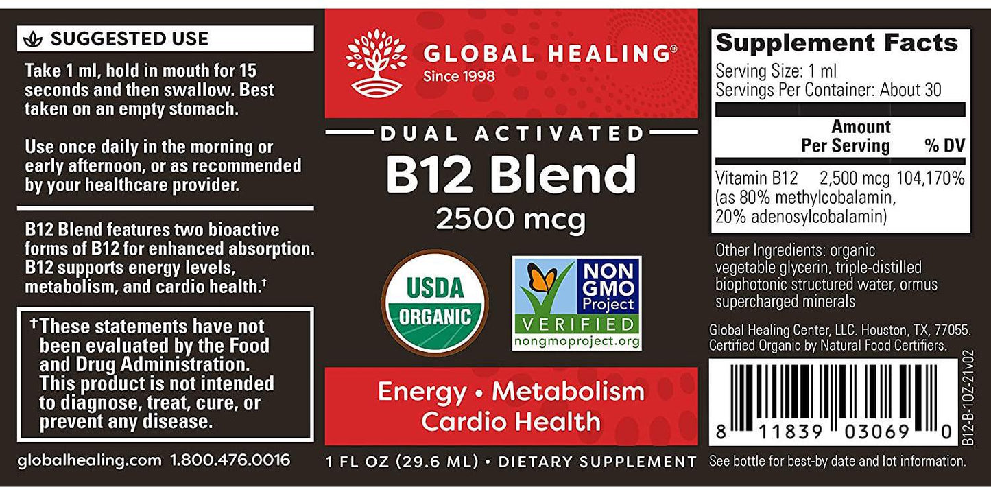 Global Healing B12 Blend, 2500 mcg Organic Sublingual Liquid Vitamin Supplement | 2-in-1 Methylcobalamin and Adenosylcobalamin Blend for Energy, Mood and Heart Health - 60-Day Supply,1 Fl Oz (2-Pack)